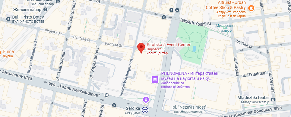 Местоположение на залата на ул. „Пиротска“ 5 в София, близо до метростанция „Сердика“.